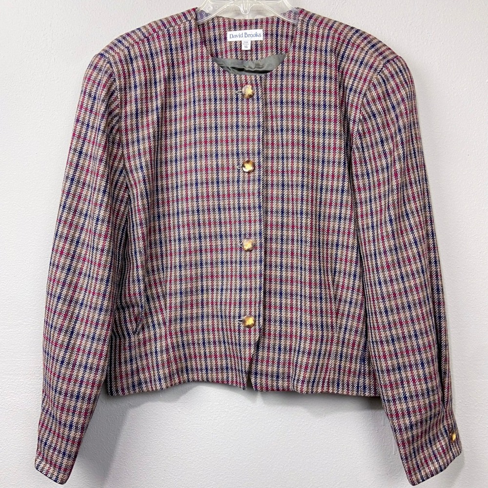 Vintage David Brooks Jacket Sz 16‎ Cropped Plaid Wool Silk Blend Preppy Classic
